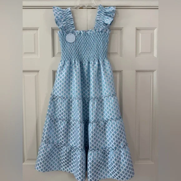 🔥NWT Hill House Blue Snowflake Brocade Smocked Dress - Picture 5 of 10